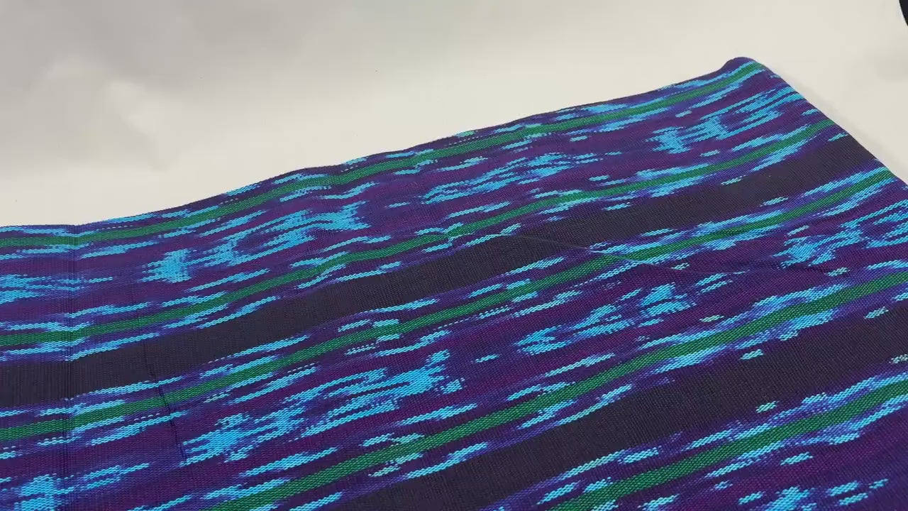 Turquoise & Deep Purple Ikat Striped Guatemalan Fabric by Yard, Handwoven Cotton Mayan Textile, 36".
