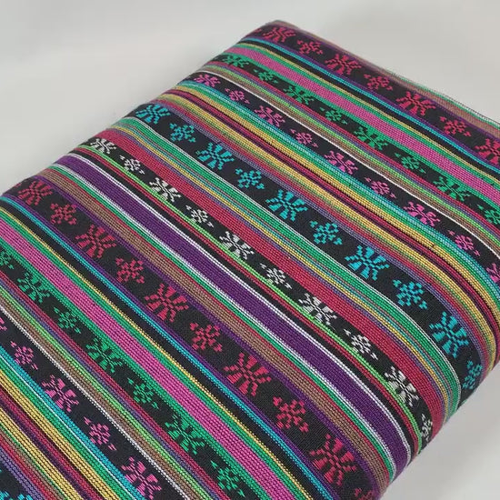 Southwest Style Embroidered Fabric by the Yard. 100% Dobby Cotton Rainbow Multicolored Stripes. Turquoise/Pink. 56" wide. One Side Finished.