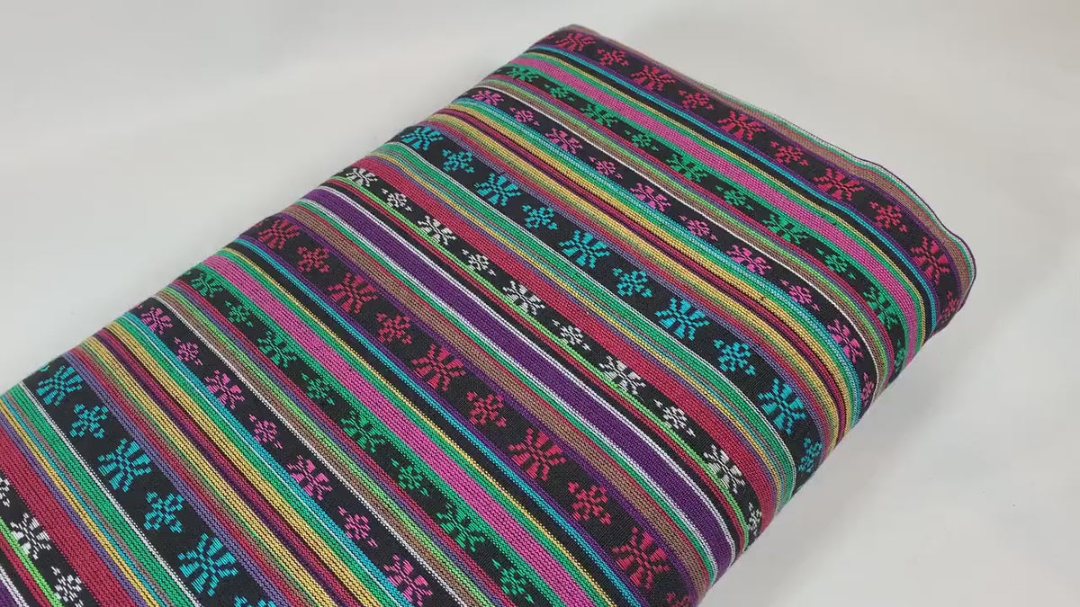 Southwest Style Embroidered Fabric by the Yard. 100% Dobby Cotton Rainbow Multicolored Stripes. Turquoise/Pink. 56" wide. One Side Finished.
