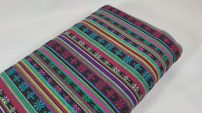 Southwest Style Embroidered Fabric by the Yard. 100% Dobby Cotton Rainbow Multicolored Stripes. Turquoise/Pink. 56" wide. One Side Finished.