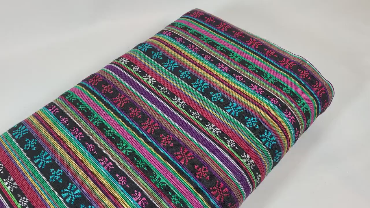 Southwest Style Embroidered Fabric by the Yard. 100% Dobby Cotton Rainbow Multicolored Stripes. Turquoise/Pink. 56" wide. One Side Finished.