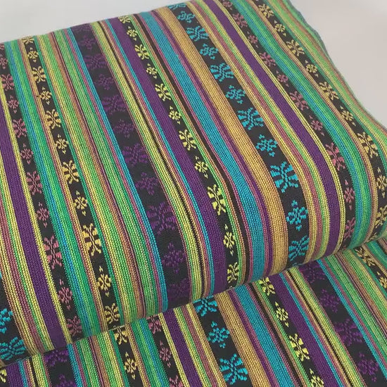 Southwest Style Embroidered Fabric by the Yard. 100% Dobby Cotton Boho Fabric with Multicolored Stripes. Purple, Green, Teal. 56" wide.