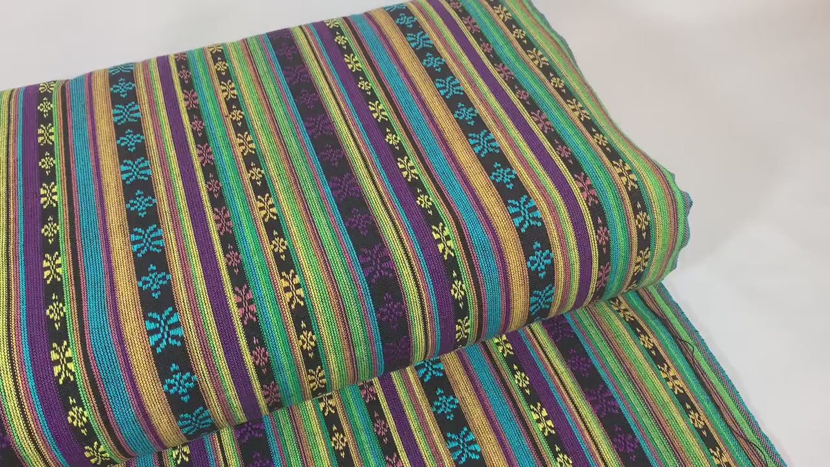 Southwest Style Embroidered Fabric by the Yard. 100% Dobby Cotton Boho Fabric with Multicolored Stripes. Purple, Green, Teal. 56" wide.