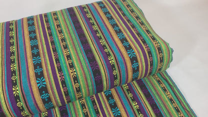 Southwest Style Embroidered Fabric by the Yard. 100% Dobby Cotton Boho Fabric with Multicolored Stripes. Purple, Green, Teal. 56" wide.