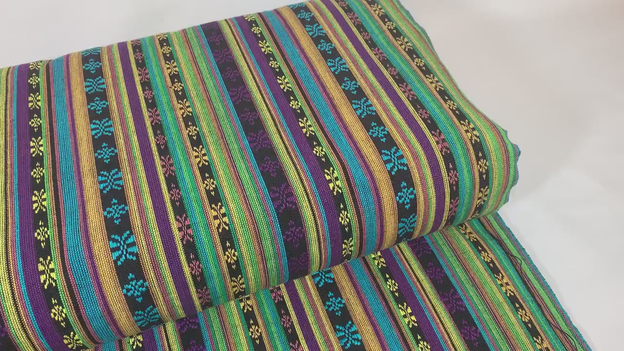 Southwest Style Embroidered Fabric by the Yard. 100% Dobby Cotton Boho Fabric with Multicolored Stripes. Purple, Green, Teal. 56" wide.