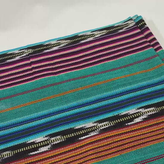 Teal & Gold Ikat Striped Guatemalan Fabric by Yard, Handwoven Cotton Mayan Textile, 36" Wide.