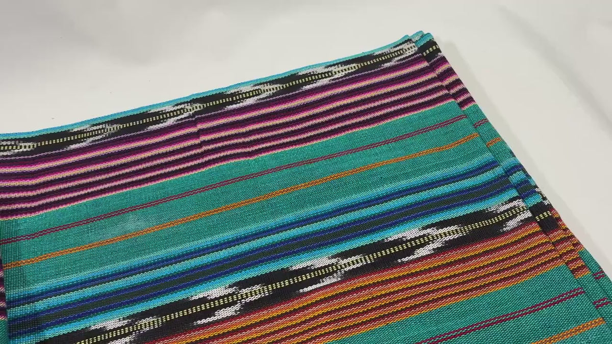 Teal & Gold Ikat Striped Guatemalan Fabric by Yard, Handwoven Cotton Mayan Textile, 36" Wide.