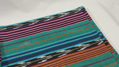 Teal & Gold Ikat Striped Guatemalan Fabric by Yard, Handwoven Cotton Mayan Textile, 36" Wide.