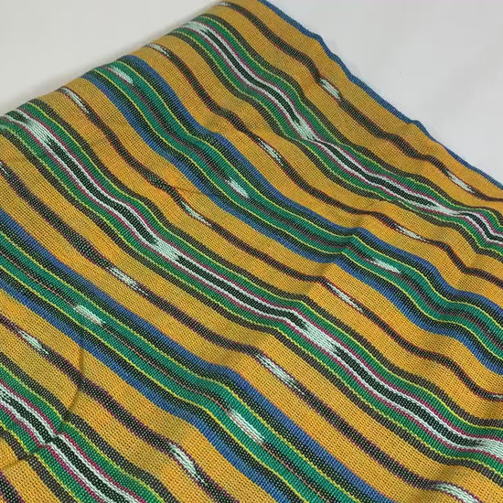 Guatemalan Fabric by the Yard. 100% Handwoven Cotton Fabric. Bright Yellow & Green, Ikat Striped Mayan Textiles for Clothing and Home Décor.