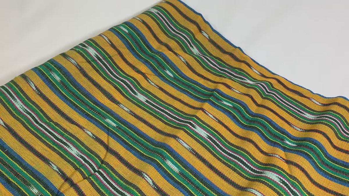 Guatemalan Fabric by the Yard. 100% Handwoven Cotton Fabric. Bright Yellow & Green, Ikat Striped Mayan Textiles for Clothing and Home Décor.