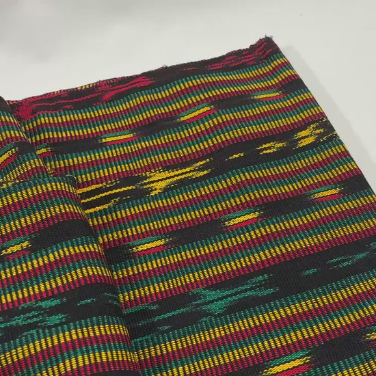 Guatemalan Handwoven Fabric by Yard, Fancy Rasta Red Yellow Green Black Ikat, Cotton 36" Wide