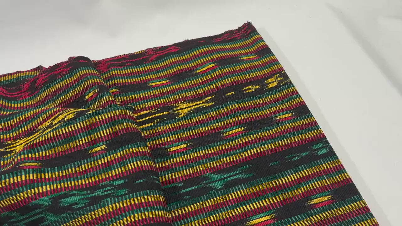 Guatemalan Handwoven Fabric by Yard, Fancy Rasta Red Yellow Green Black Ikat, Cotton 36" Wide