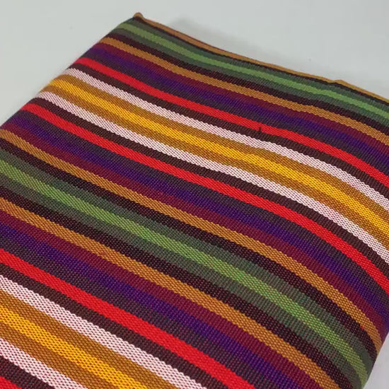 Guatemalan Thin Striped Ikat Fabric by the YARD. Medium Weight. Orange/Olive Green/Yellow Handwoven Mayan Fabric for Home Décor. 36" wide.