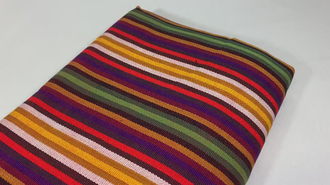 Guatemalan Thin Striped Ikat Fabric by the YARD. Medium Weight. Orange/Olive Green/Yellow Handwoven Mayan Fabric for Home Décor. 36" wide.