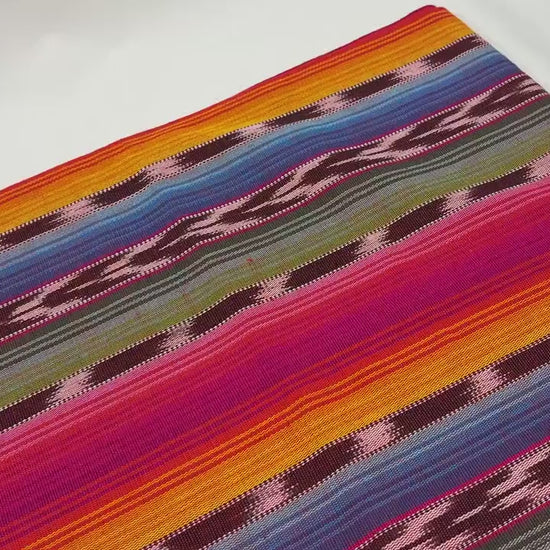Guatemalan Handwoven Fabric by Yard, Rainbow & Maroon Ikat Striped, Medium Weight Cotton Textile