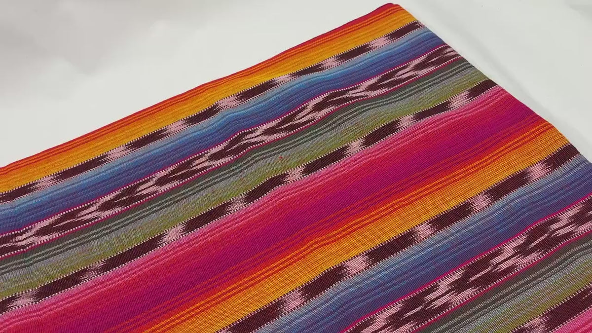 Guatemalan Handwoven Fabric by Yard, Rainbow & Maroon Ikat Striped, Medium Weight Cotton Textile