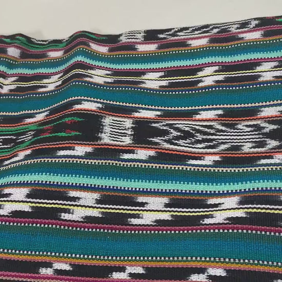 Guatemalan Fabric by the YARD. Handwoven Fair Trade Mayan Heavy Woven Fabric for Home Decor. Tribal Black/White Ikat with Turquoise Stripes.