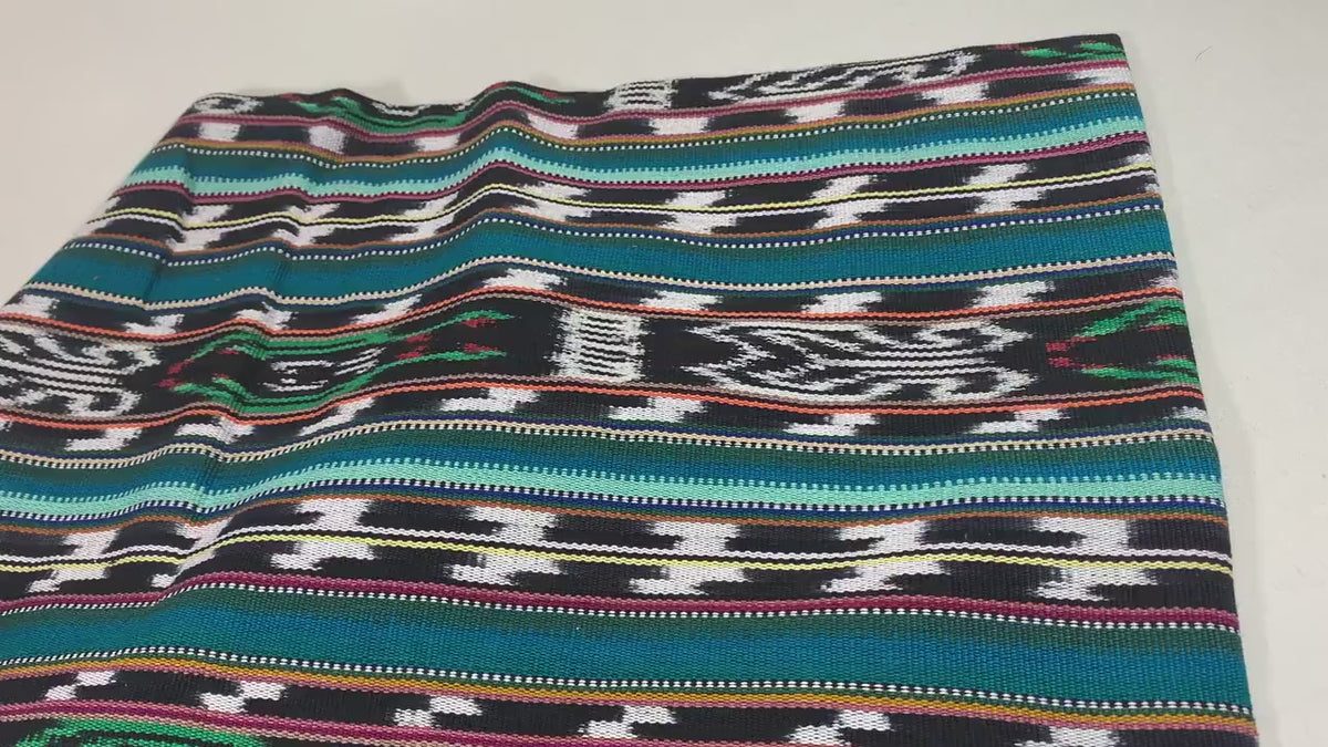 Guatemalan Fabric by the YARD. Handwoven Fair Trade Mayan Heavy Woven Fabric for Home Decor. Tribal Black/White Ikat with Turquoise Stripes.