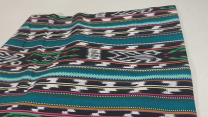 Guatemalan Fabric by the YARD. Handwoven Fair Trade Mayan Heavy Woven Fabric for Home Decor. Tribal Black/White Ikat with Turquoise Stripes.