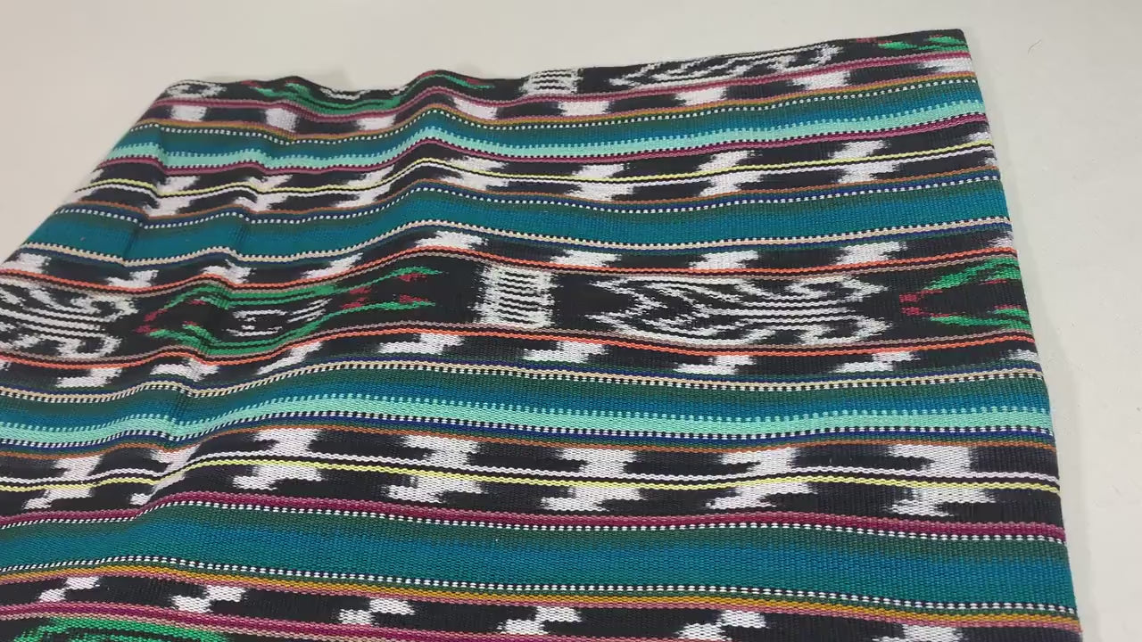 Guatemalan Fabric by the YARD. Handwoven Fair Trade Mayan Heavy Woven Fabric for Home Decor. Tribal Black/White Ikat with Turquoise Stripes.