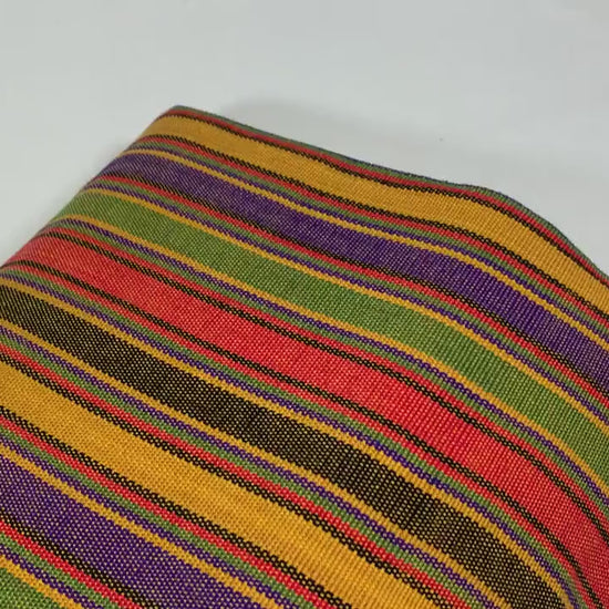Guatemalan Thin Striped Ikat Fabric by the YARD. Medium Weight. Yellow/Purple/Green/Orange Handwoven Mayan Fabric for Home Décor. 36" wide.