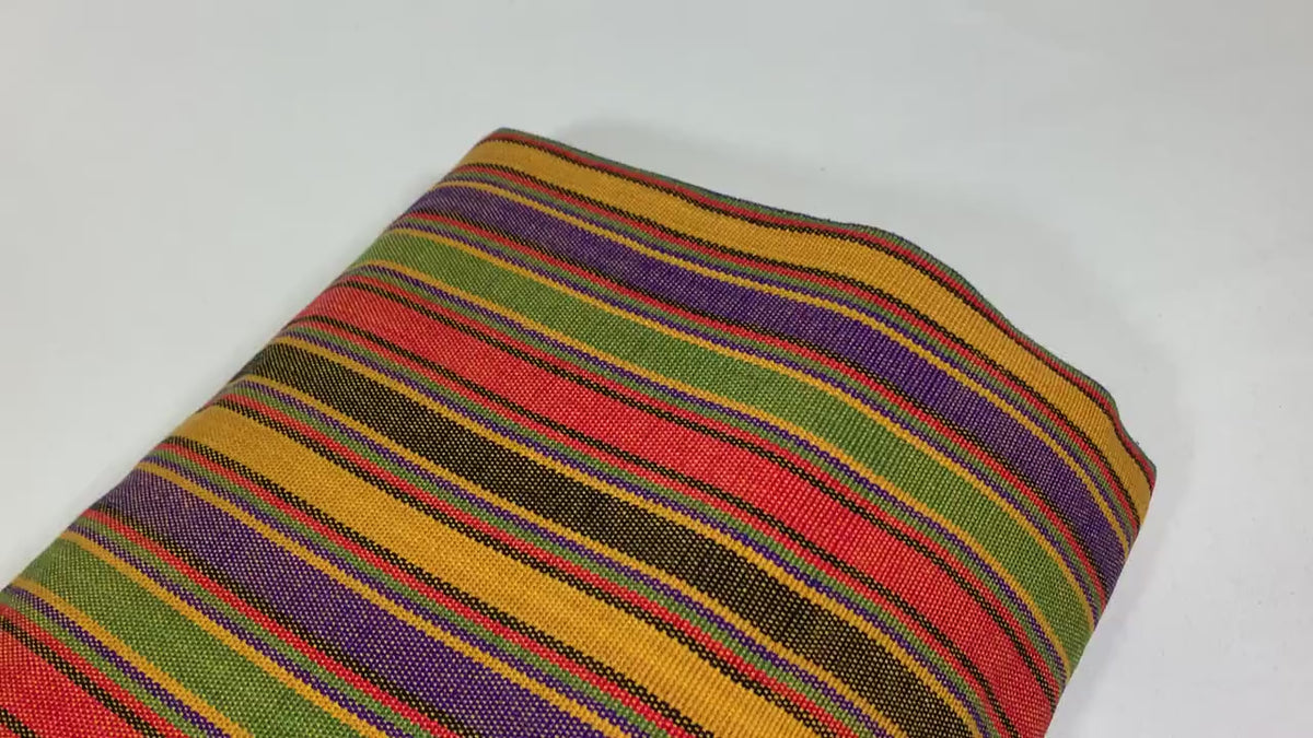 Guatemalan Thin Striped Ikat Fabric by the YARD. Medium Weight. Yellow/Purple/Green/Orange Handwoven Mayan Fabric for Home Décor. 36" wide.
