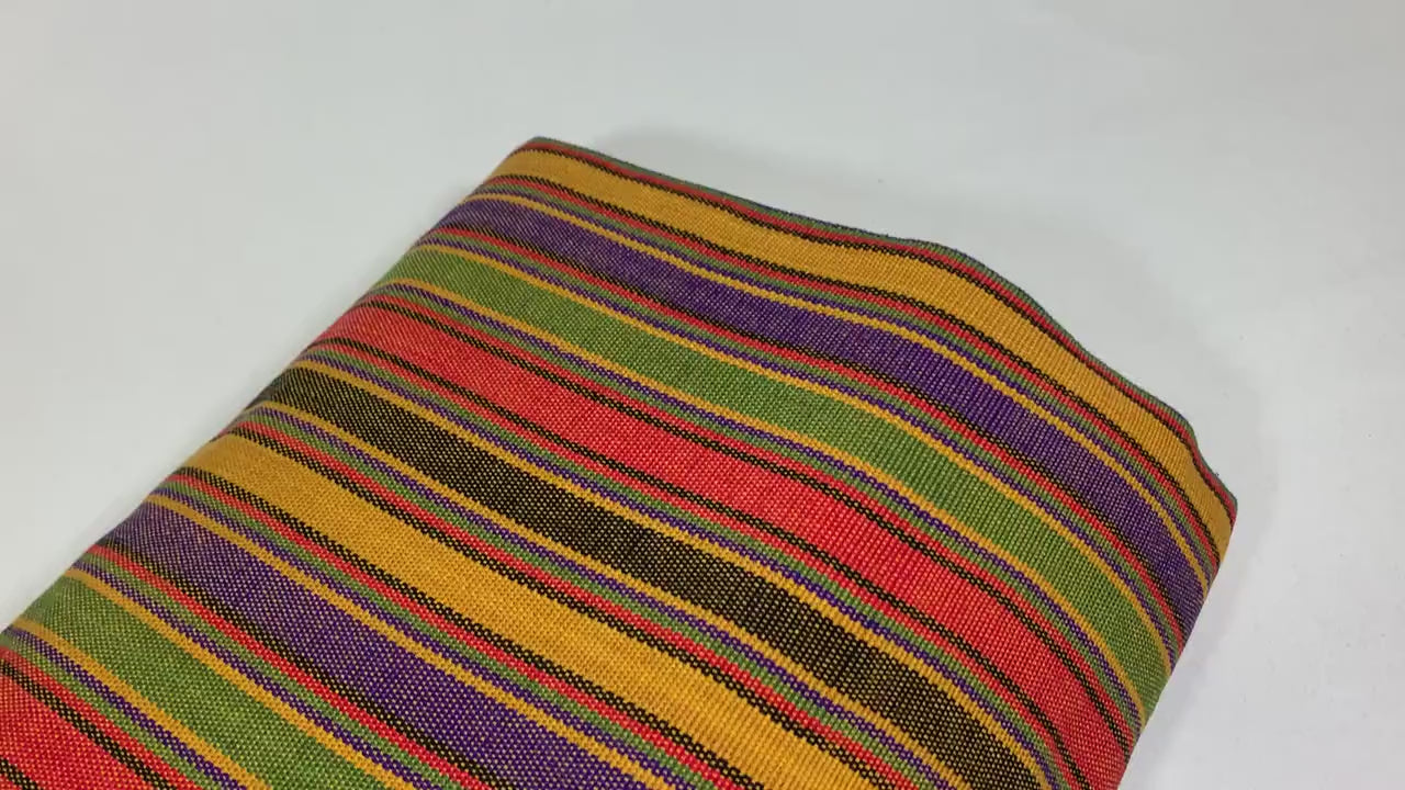 Guatemalan Thin Striped Ikat Fabric by the YARD. Medium Weight. Yellow/Purple/Green/Orange Handwoven Mayan Fabric for Home Décor. 36" wide.