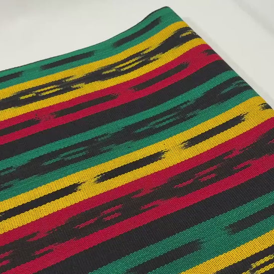 Guatemalan Handwoven Fabric by Yard, Rasta Red Yellow Green Black Ikat, Cotton 36" Wide