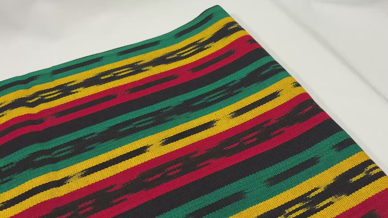 Guatemalan Handwoven Fabric by Yard, Rasta Red Yellow Green Black Ikat, Cotton 36" Wide