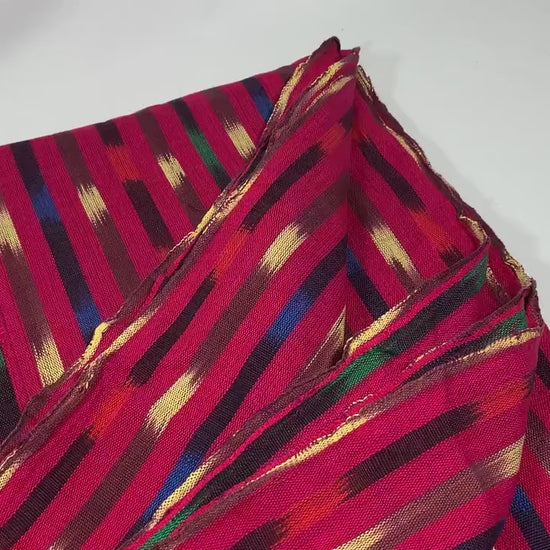Bright Cherry Red Ikat Striped Guatemalan Fabric by the YARD. Primary Color Handwoven Mayan Light Weight Textile for Home Décor 36" wide.