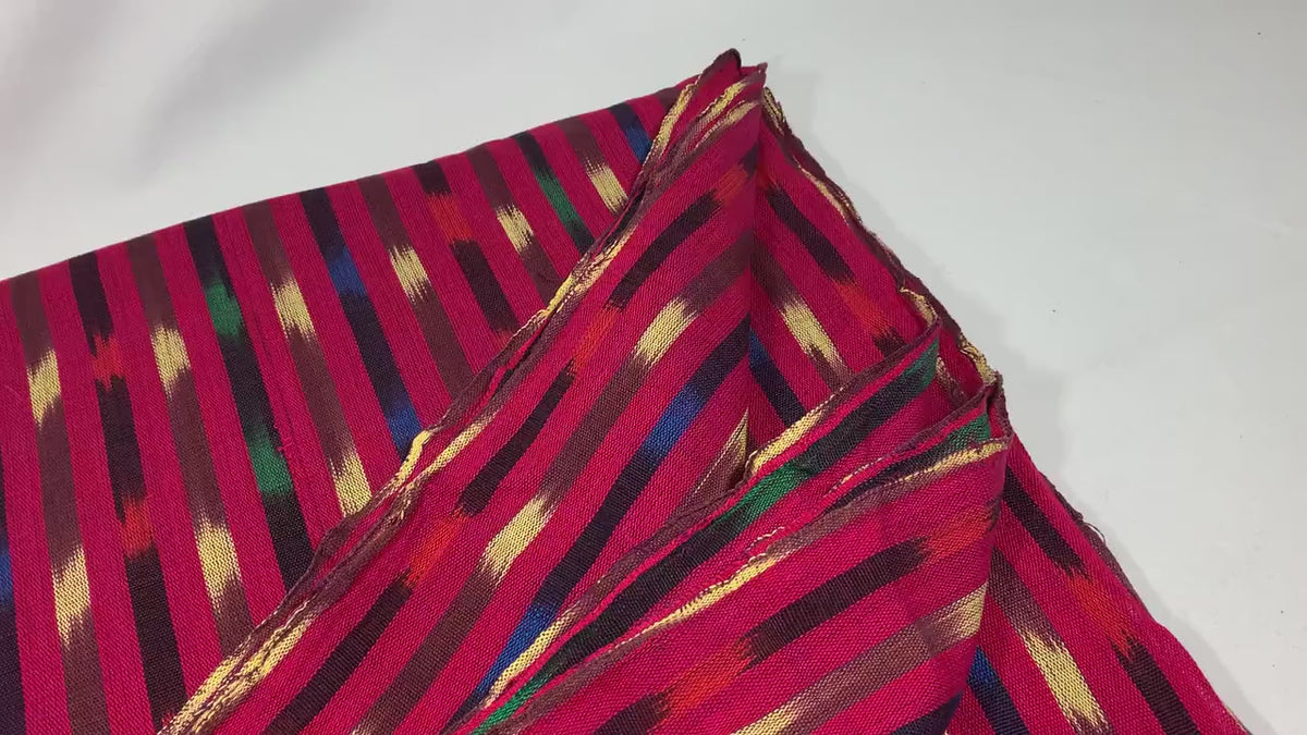 Bright Cherry Red Ikat Striped Guatemalan Fabric by the YARD. Primary Color Handwoven Mayan Light Weight Textile for Home Décor 36" wide.