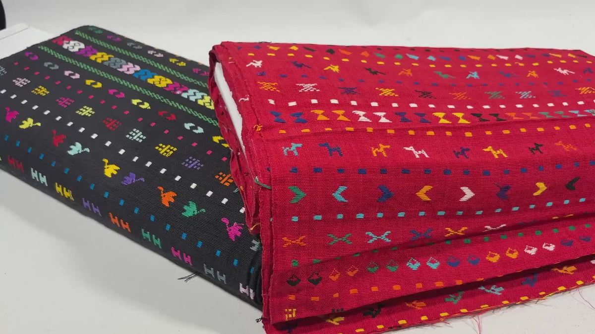 Black Embroidered Fine Weave Guatemalan Huipil Style Fabric by Yard. Handwoven Cotton 36" Wide.