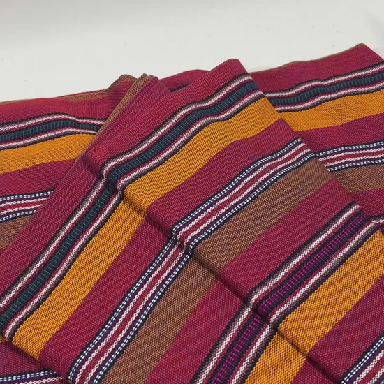 Red, Orange, Brown Striped Guatemalan Fabric by Yard, Handwoven Cotton Mayan Textile, 36" Wide.