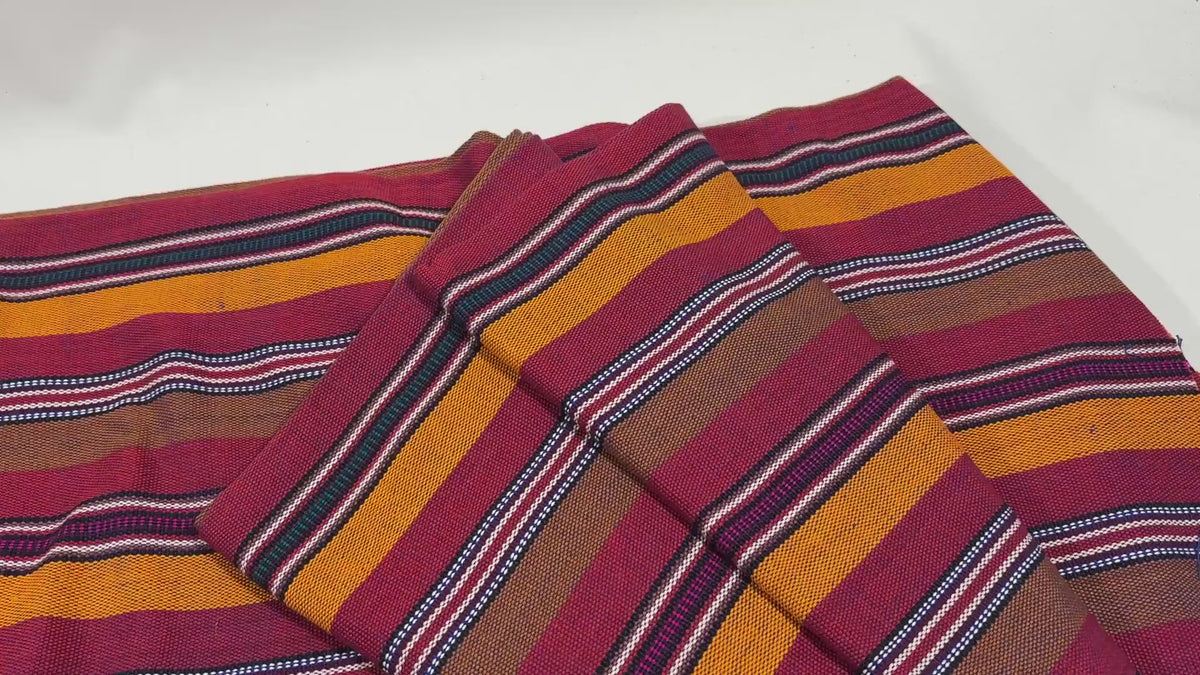 Red, Orange, Brown Striped Guatemalan Fabric by Yard, Handwoven Cotton Mayan Textile, 36" Wide.