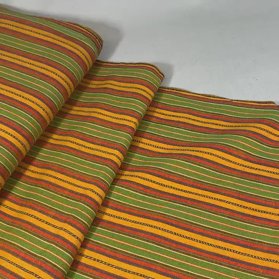 Guatemalan Fabric by the Yard. 100% Handwoven Cotton Fabric. Yellow, Green, Orange Ikat Striped Mayan Textiles for Clothing and Home Décor.