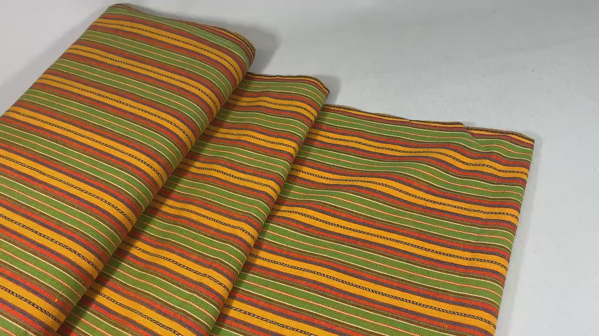 Guatemalan Fabric by the Yard. 100% Handwoven Cotton Fabric. Yellow, Green, Orange Ikat Striped Mayan Textiles for Clothing and Home Décor.