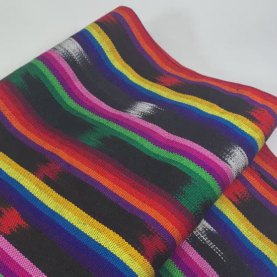 Black and Rainbow Ikat Striped Guatemalan Fabric by the YARD. 100 % Cotton Handwoven Mayan Medium Weight Textile for Home Décor 36" wide.