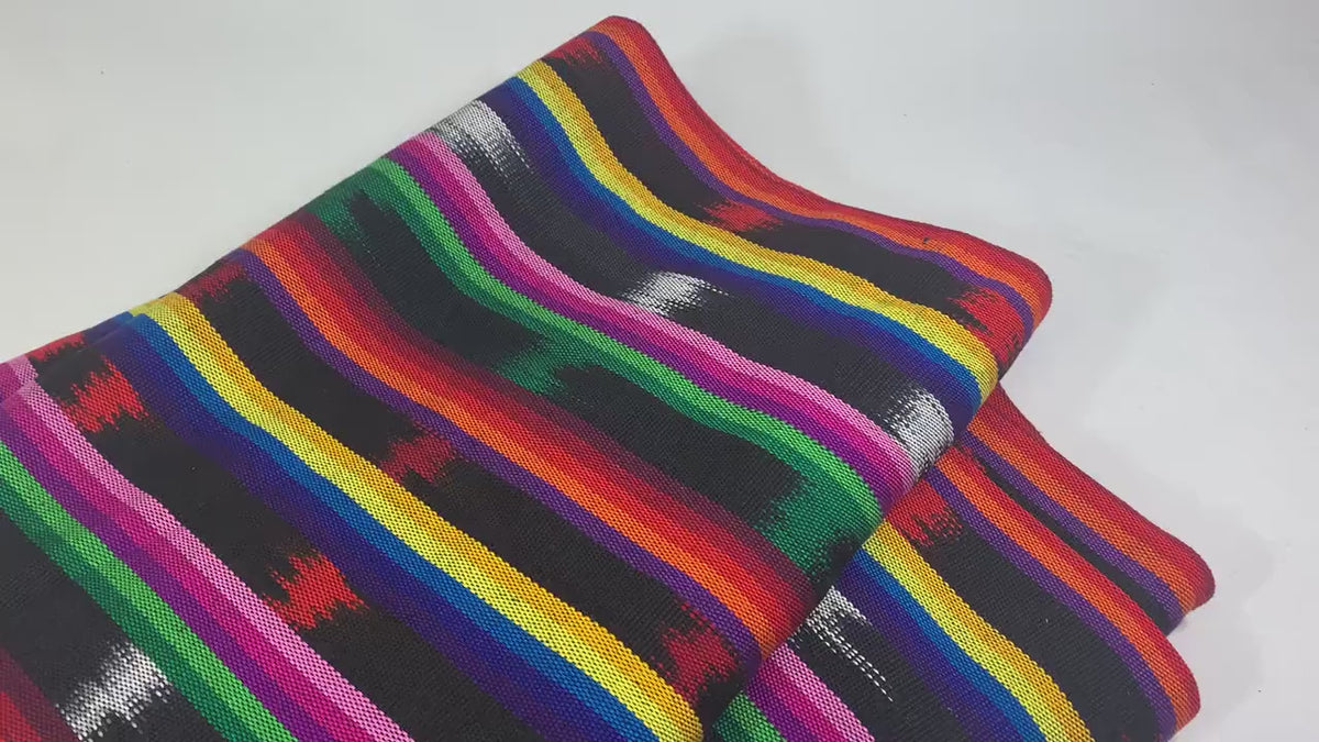 Black and Rainbow Ikat Striped Guatemalan Fabric by the YARD. 100 % Cotton Handwoven Mayan Medium Weight Textile for Home Décor 36" wide.