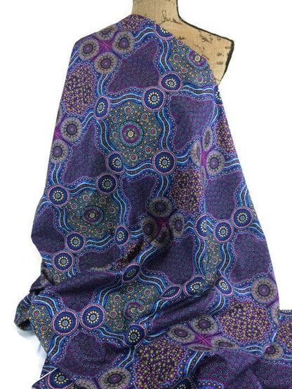 Australian Aboriginal Cotton Quilting Fabric by the YARD.  M&S Textiles Wild Bush Flowers Purple. For sewing, quilting, apparel, home decor.