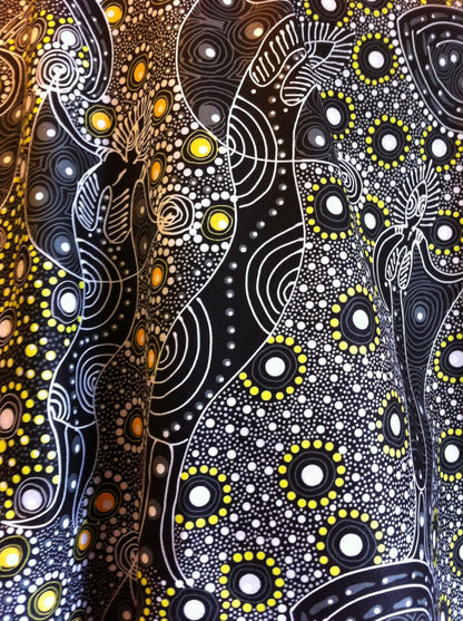 Australian Aboriginal Cotton Quilting Fabric by the YARD.  M&S Textiles Dancing Spirit Black. Original Aboriginal Art Design Cotton Fabric.