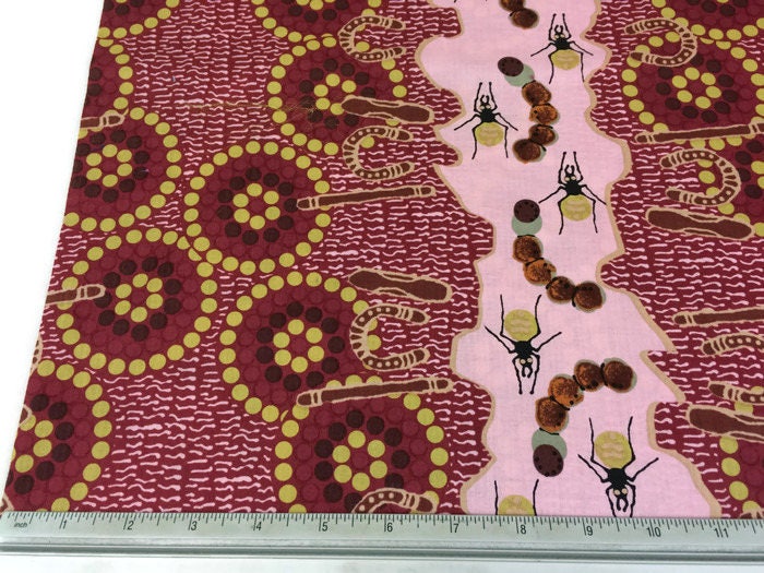 Australian Aboriginal Cotton Quilting Fabric by the YARD.  M&S Textiles Gathering Bush Food Pink. Original Aboriginal Art Design.