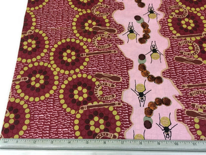 Australian Aboriginal Cotton Quilting Fabric by the YARD.  M&S Textiles Gathering Bush Food Pink. Original Aboriginal Art Design.