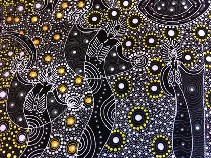 Australian Aboriginal Cotton Quilting Fabric by the YARD.  M&S Textiles Dancing Spirit Black. Original Aboriginal Art Design Cotton Fabric.
