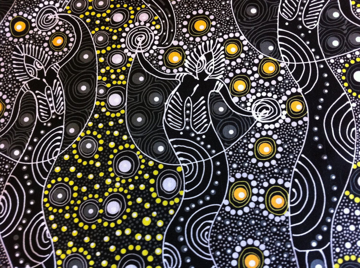 Australian Aboriginal Cotton Quilting Fabric by the YARD.  M&S Textiles Dancing Spirit Black. Original Aboriginal Art Design Cotton Fabric.