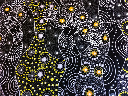 Australian Aboriginal Cotton Quilting Fabric by the YARD.  M&S Textiles Dancing Spirit Black. Original Aboriginal Art Design Cotton Fabric.