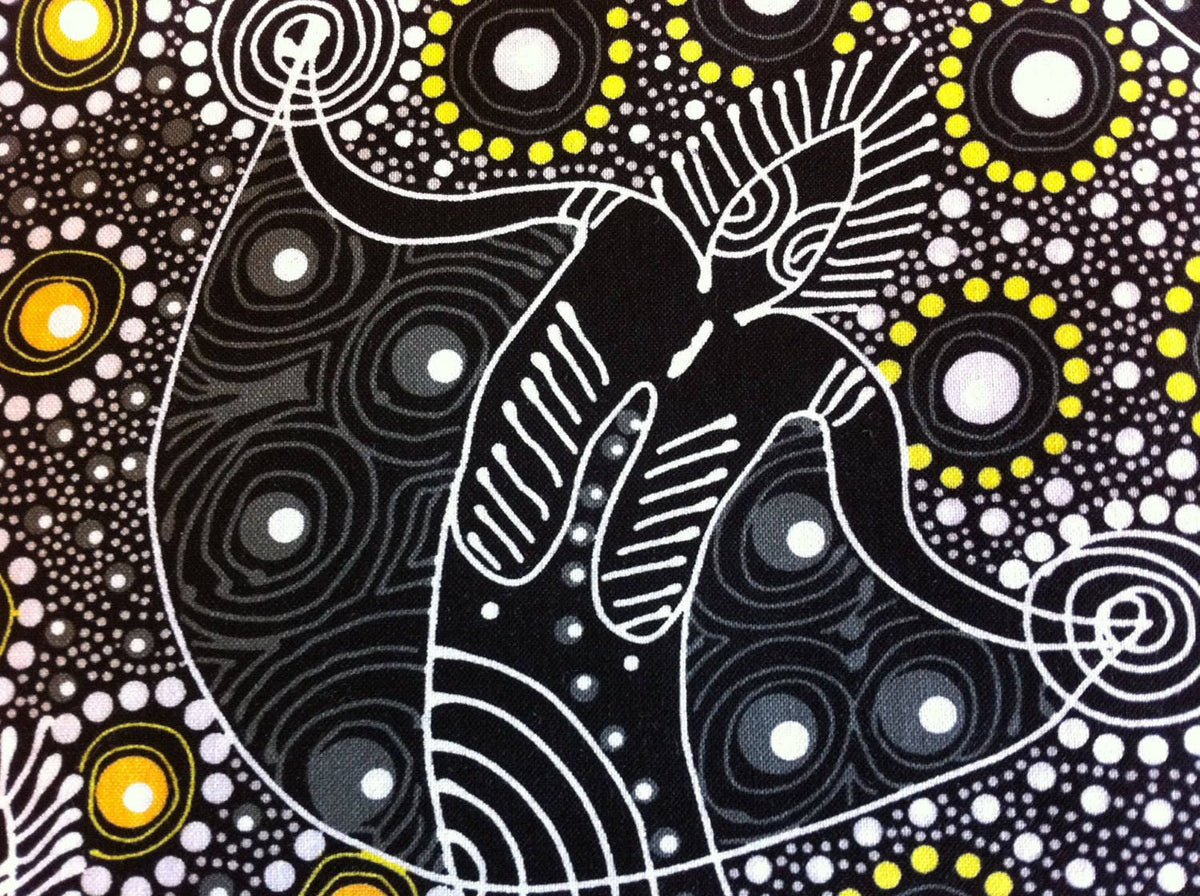 Australian Aboriginal Cotton Quilting Fabric by the YARD.  M&S Textiles Dancing Spirit Black. Original Aboriginal Art Design Cotton Fabric.