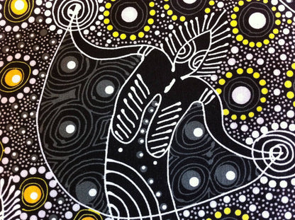 Australian Aboriginal Cotton Quilting Fabric by the YARD.  M&S Textiles Dancing Spirit Black. Original Aboriginal Art Design Cotton Fabric.