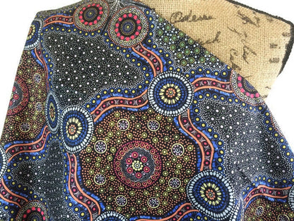 Australian Fabric--Aboriginal Art Design Fabric--Wild Bush Flowers Black--Cotton Quilt Fabric--Australian Aboriginal Fabric by the  YARD