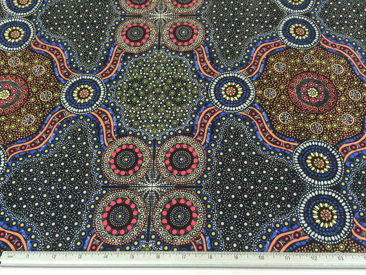 Australian Fabric--Aboriginal Art Design Fabric--Wild Bush Flowers Black--Cotton Quilt Fabric--Australian Aboriginal Fabric by the  YARD