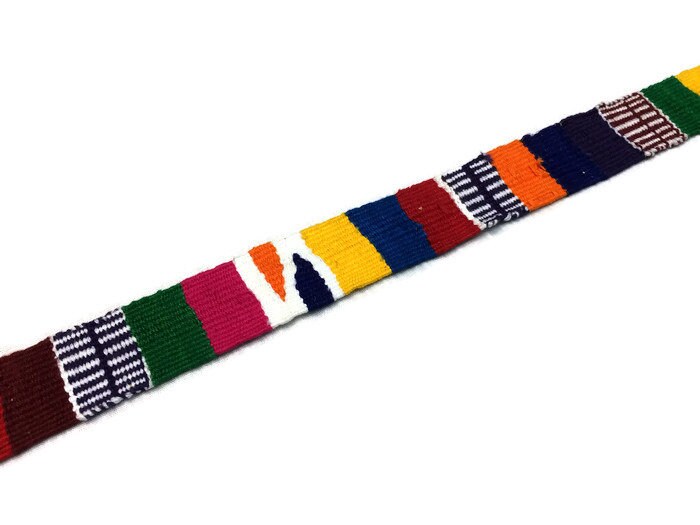 Hand Woven 1.25 Inch Wide Guatemalan Belt, Purse Strap, Sash Sold by the YARD. Cotton Mayan Toto Belt Textile in Rainbow Stripe Assort Color